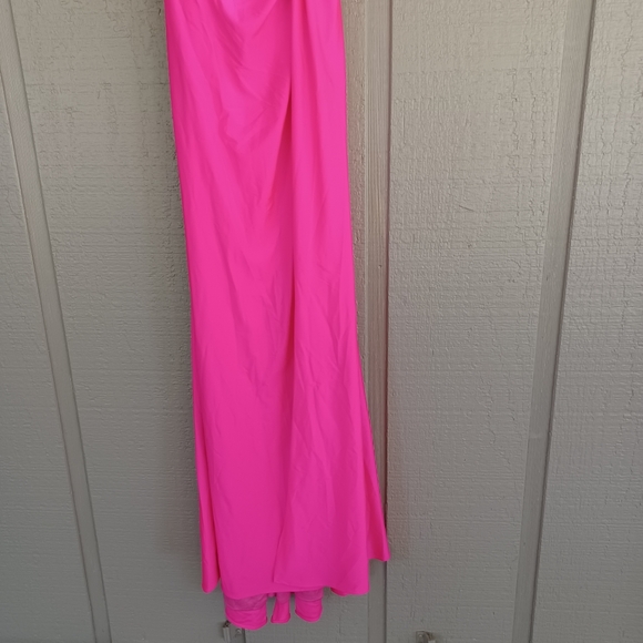 La Femme Strappy Back Jersey Gown SZ 4 Women Hot Pink Deep V Neck Wedding Guest - Picture 4 of 14